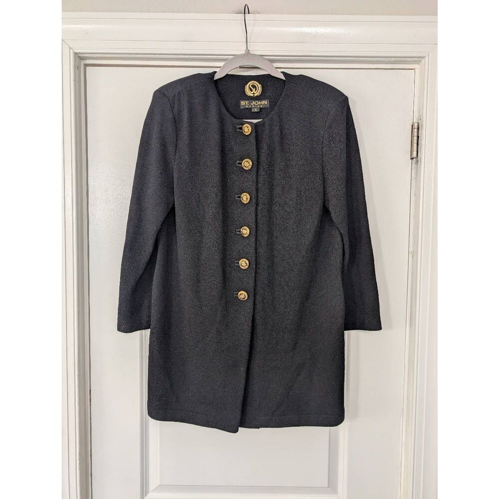 St. John Basics Santana Knit‎ Tunic Cardigan women's small black gold buttons